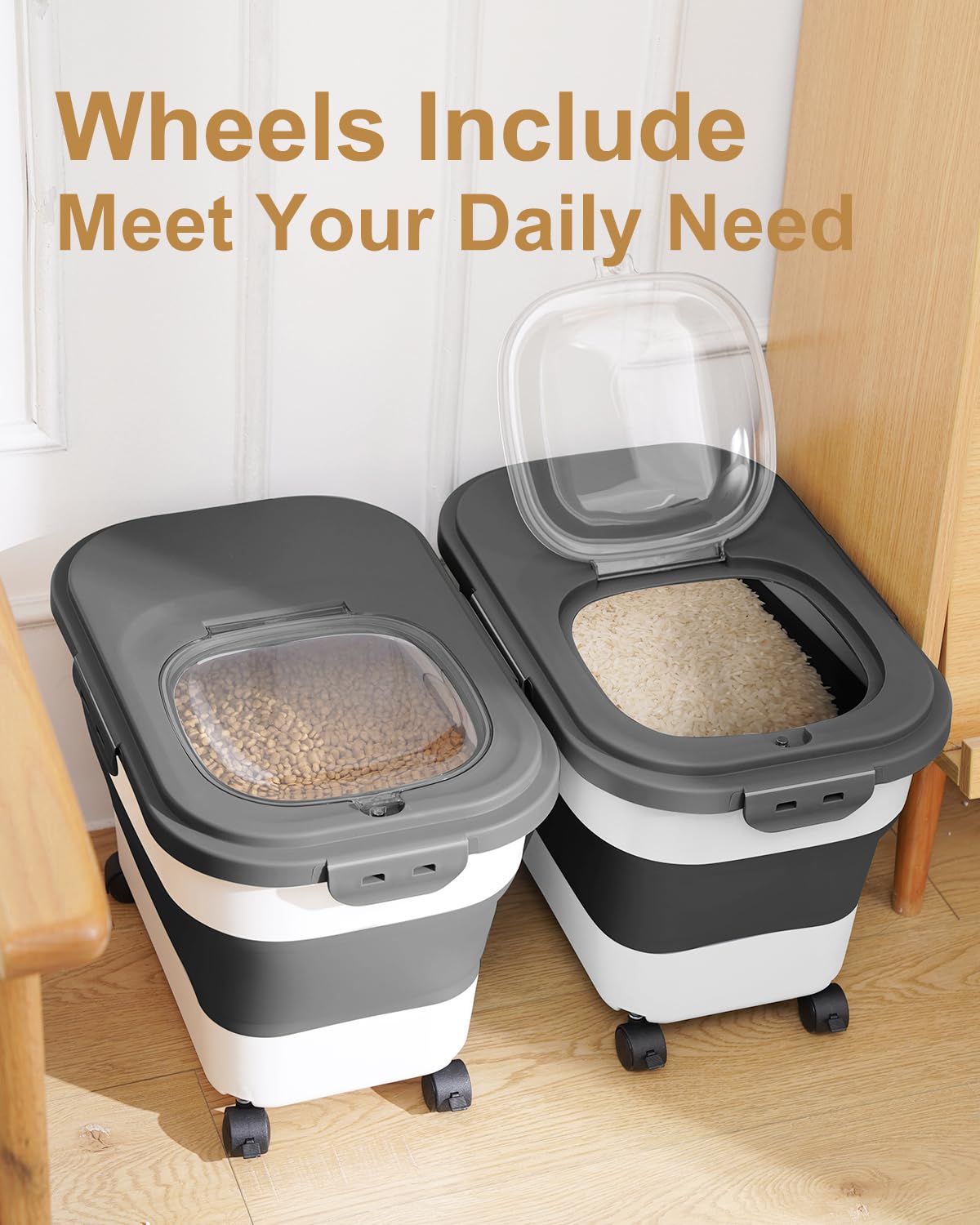 Collapsible Pet food storage Container, 20-23LBS, with Wheels, Black