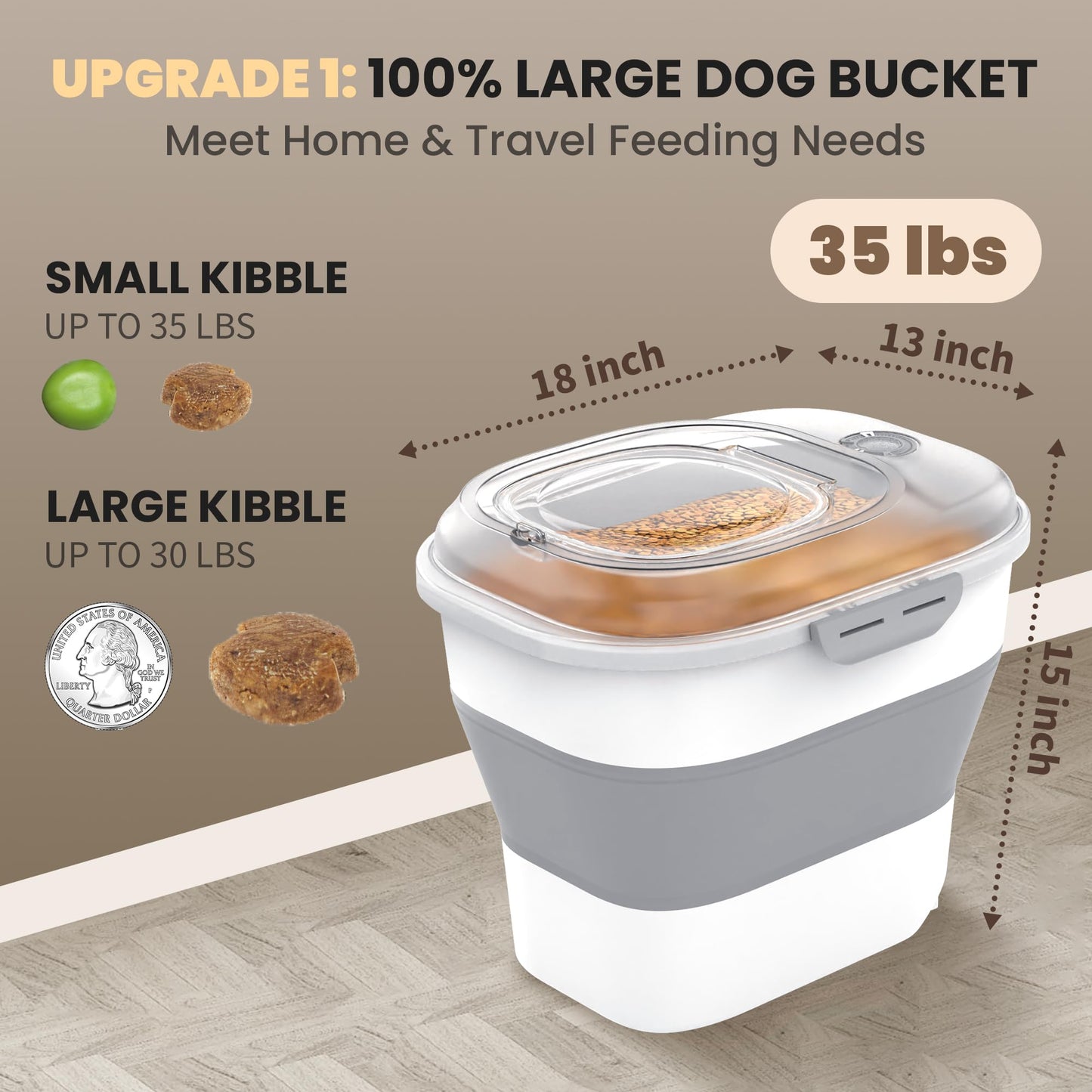 Collapsible Pet food storage Container, 30-32LBS, with Wheels, Clear