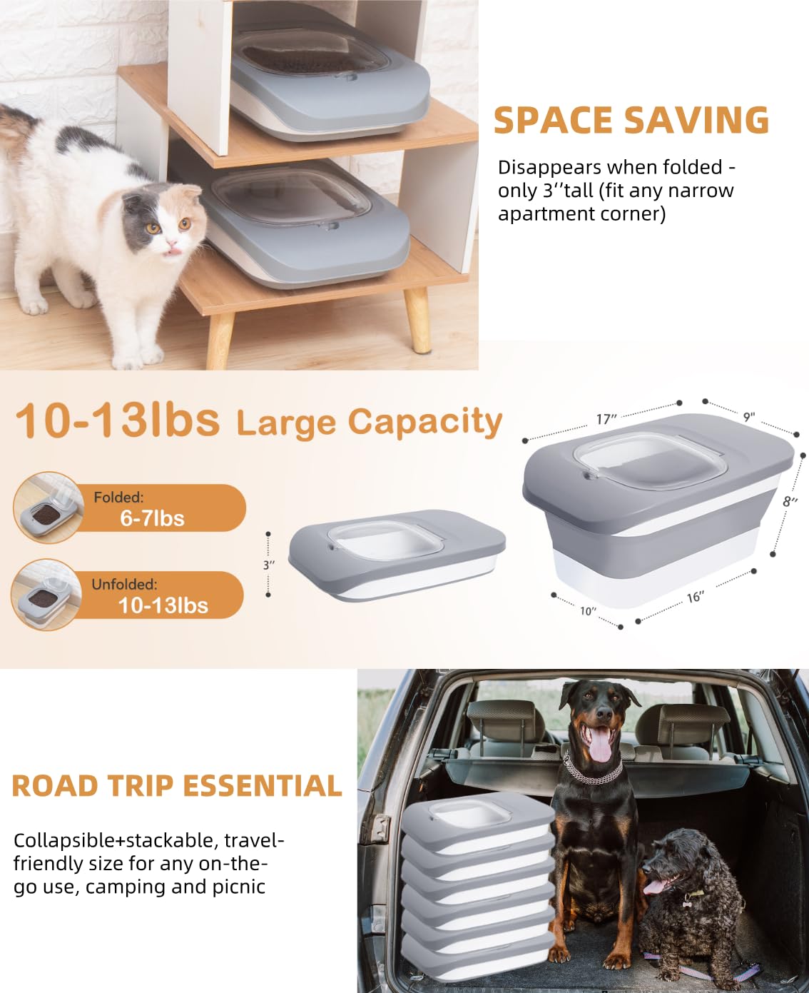 Collapsible Pet food storage Container, 10-13LBS, Grey