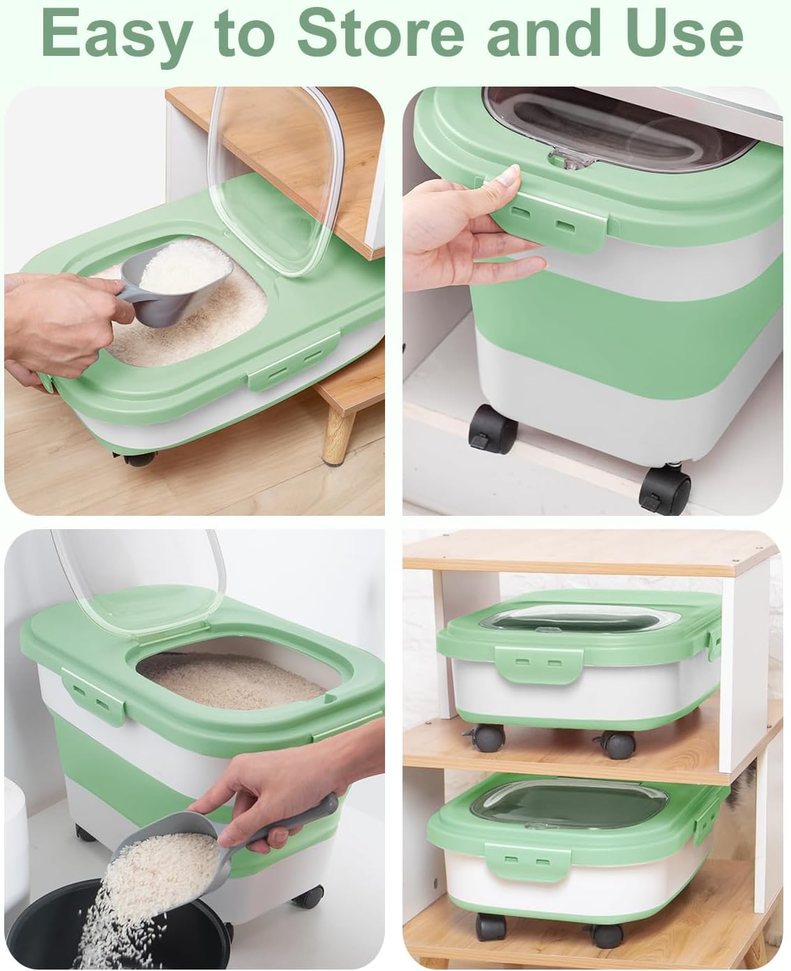 20-30 Lbs Rice Storage Container,Collapsible Food Storage Containers with Rolling Wheel Airtight Locking Lid,Flour Storage Container with Cup and Scoop,Suitable for Food,Rice,Pet Food,Flour