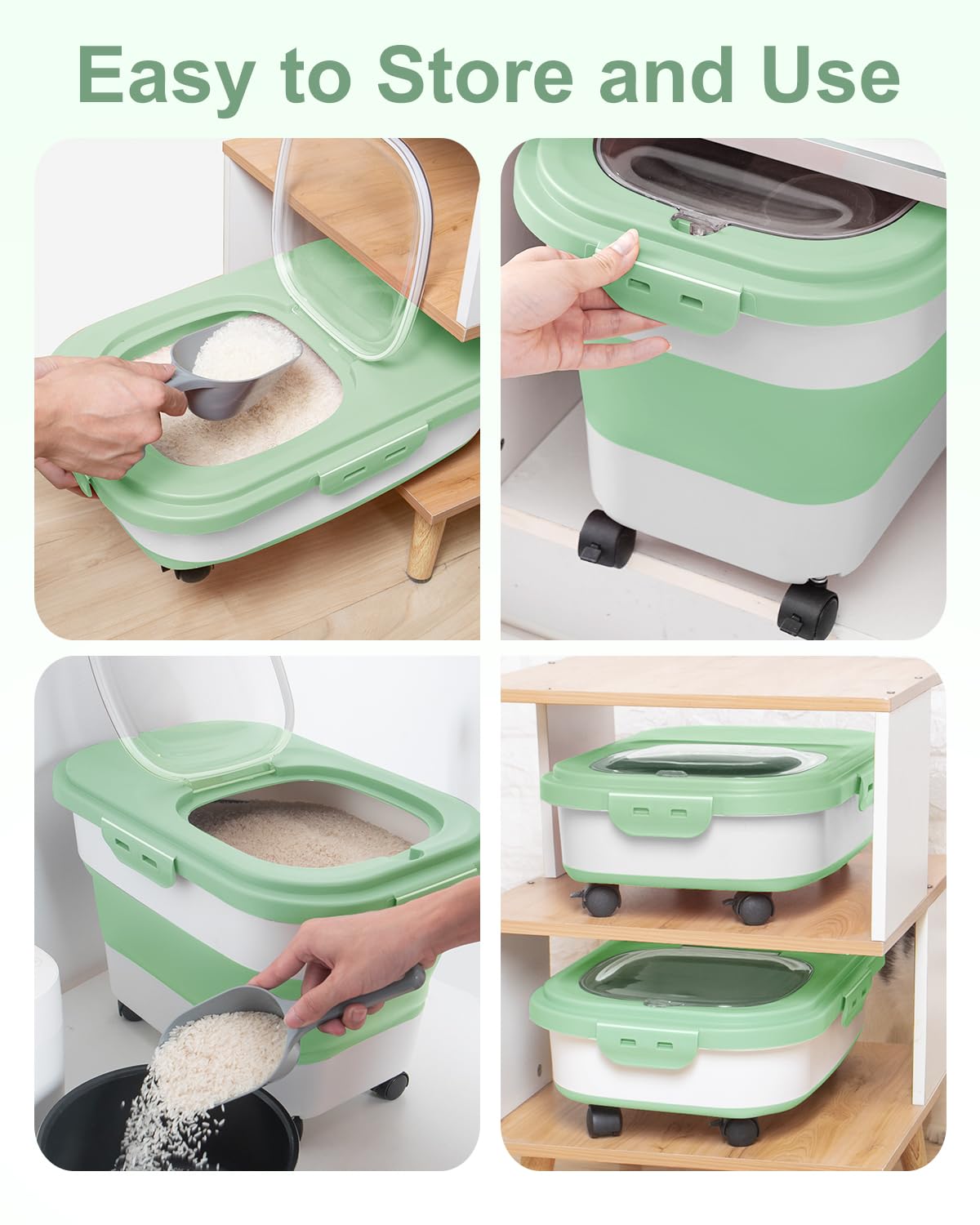 Collapsible Pet food storage Container, 20-23LBS, with Wheels, Green