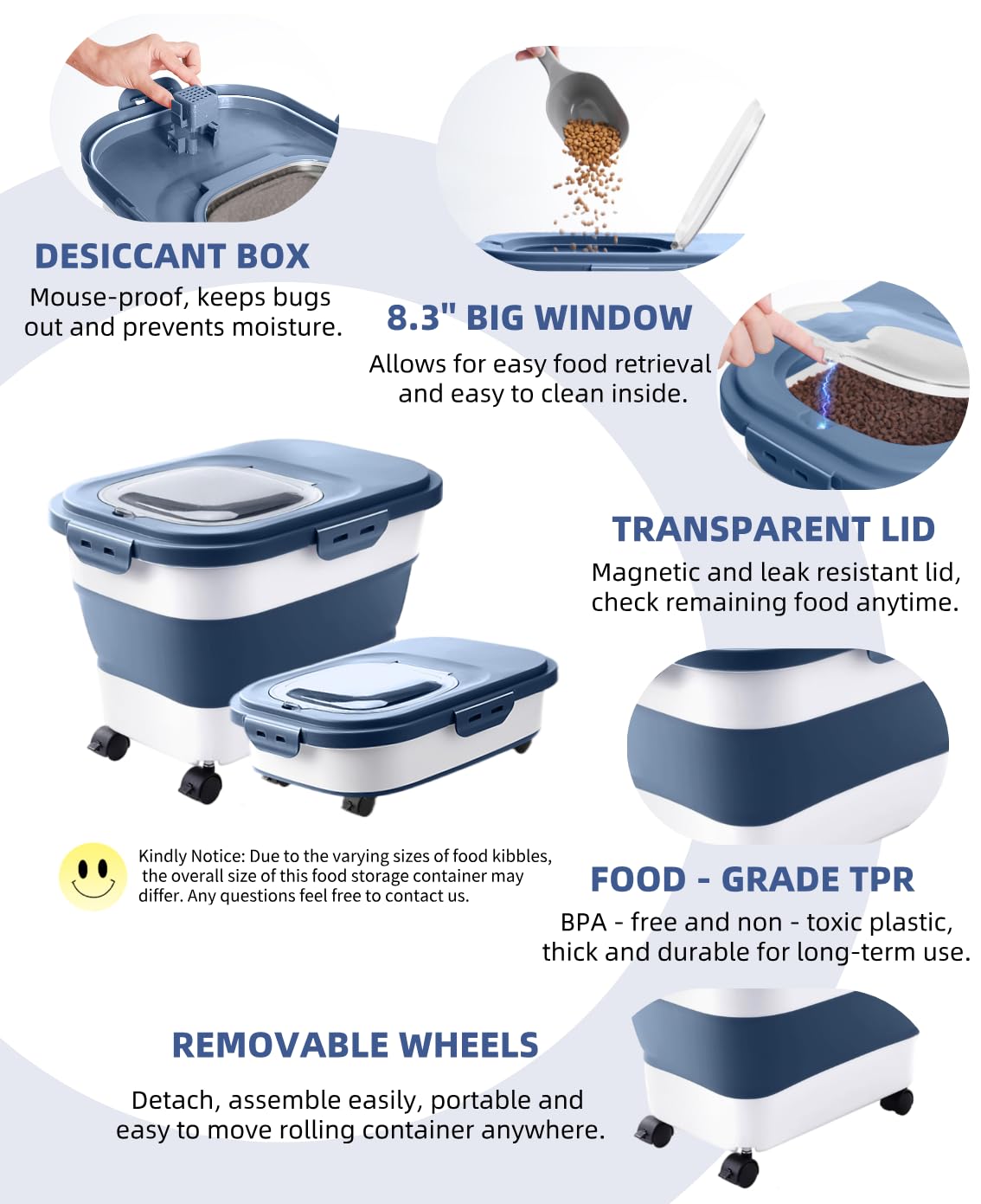 Collapsible Pet food storage Container, 20-23LBS, with Wheels, Blue