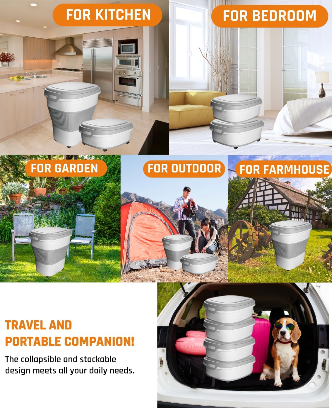 Collapsible Pet food storage Container, 30-32LBS, with Wheels, Grey