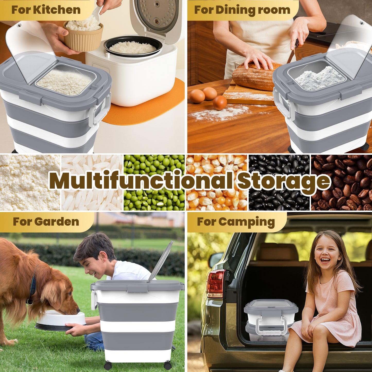 Collapsible Pet food storage Container, 23-25LBS, with Handle and Wheels, Grey