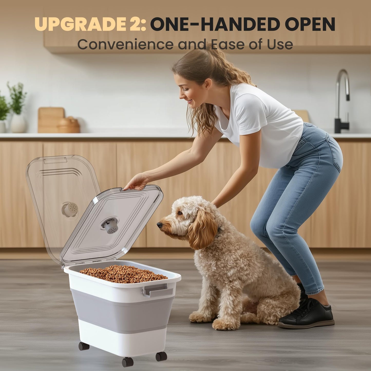 Collapsible Pet food storage Container, 23-25LBS, with Wheels, Grey