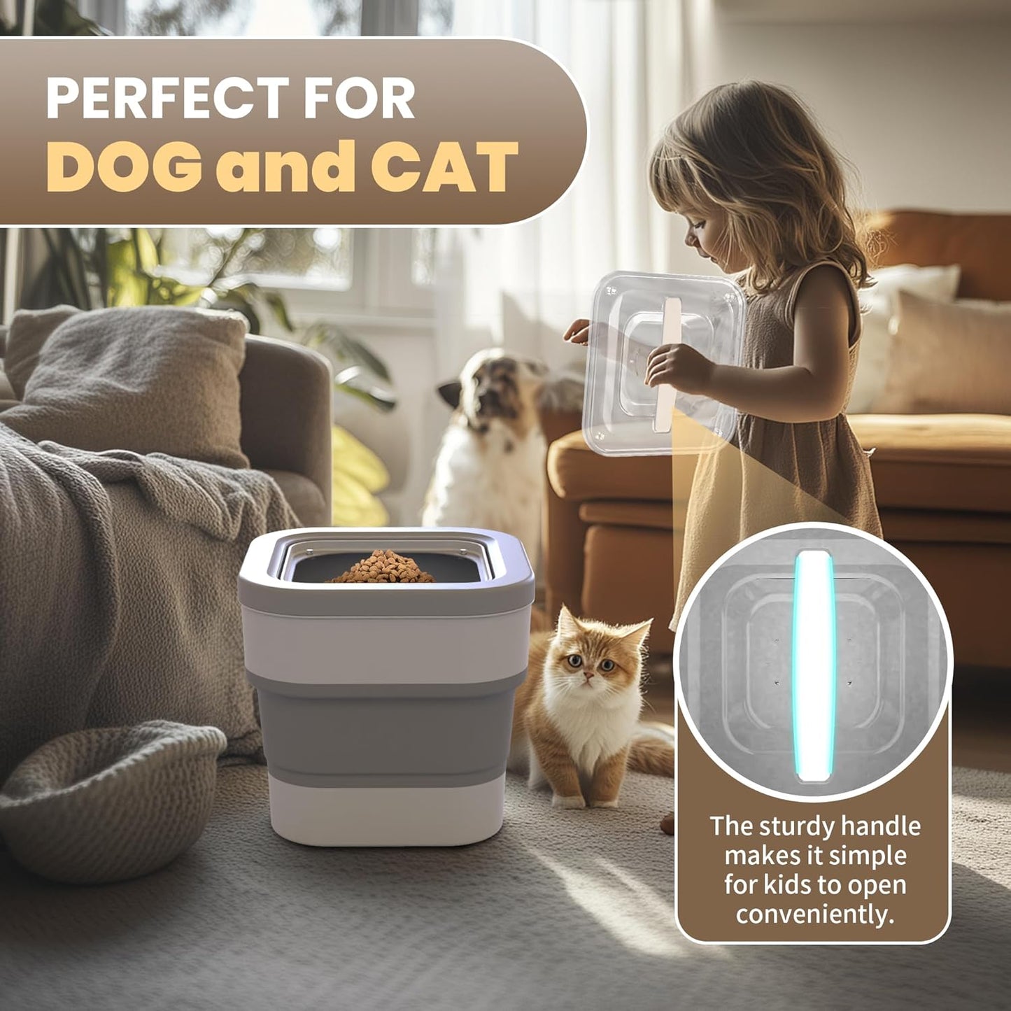 Collapsible Pet food storage Container, 10-13LBS, with Handle, Grey