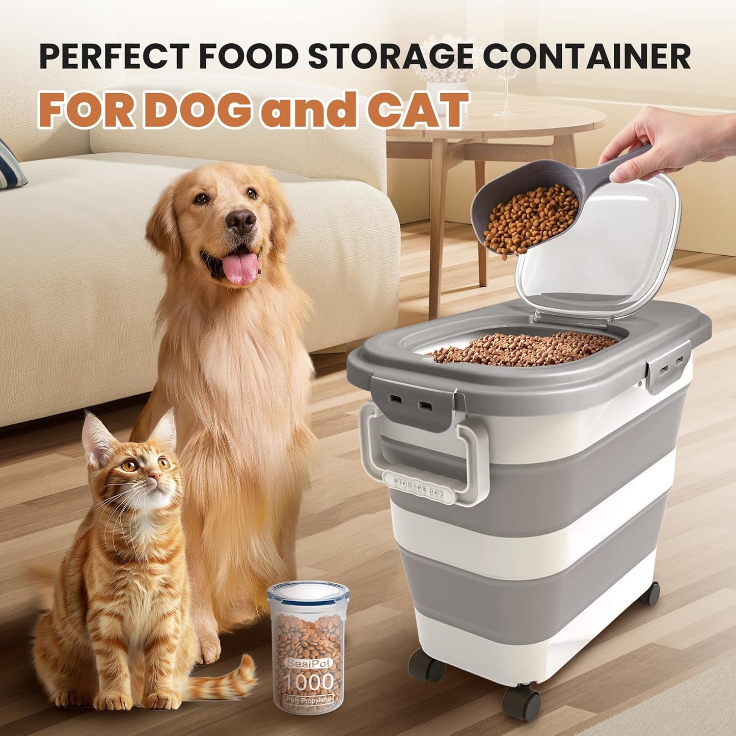 23-25 Lbs Airtight Dog Food Storage Container,Collapsible Dog Food Container with Lid,Wheels,Handle,Large Pet food storage Container with Scoop,Small Food Container for Dog Cat