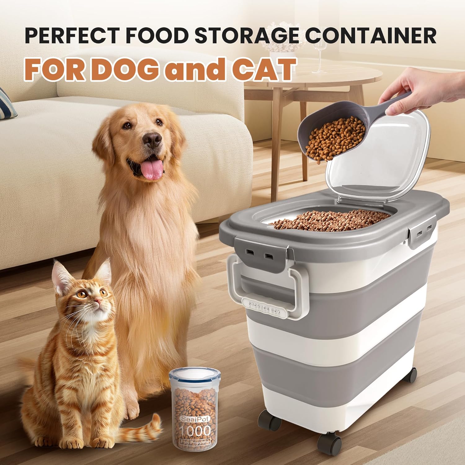 23-25 Lbs Airtight Dog Food Storage Container,Collapsible Dog Food Container with Lid,Wheels,Handle,Large Pet food storage Container with Scoop,Small Food Container for Dog Cat
