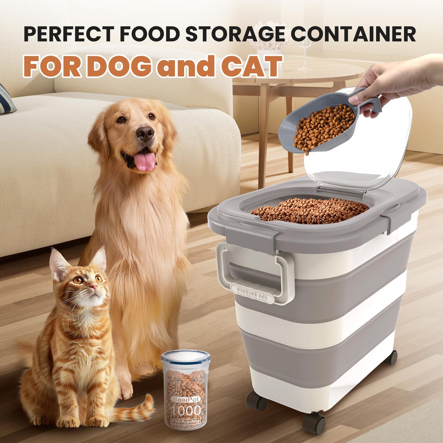 Collapsible Pet food storage Container, 23-25LBS, with Handle and Wheels